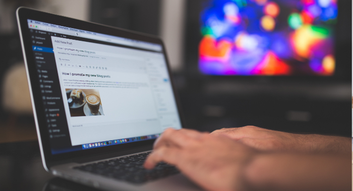 Person typing a blog post on laptop