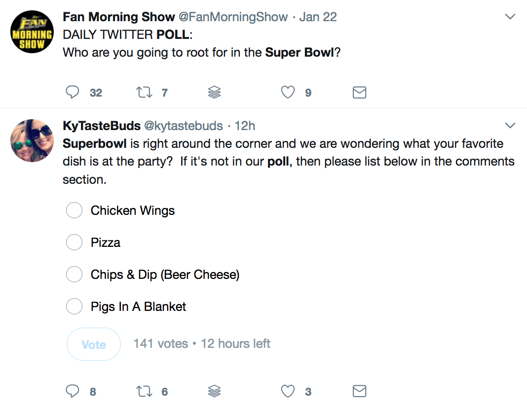 Two Super Bowl 2018 polls on Twitter